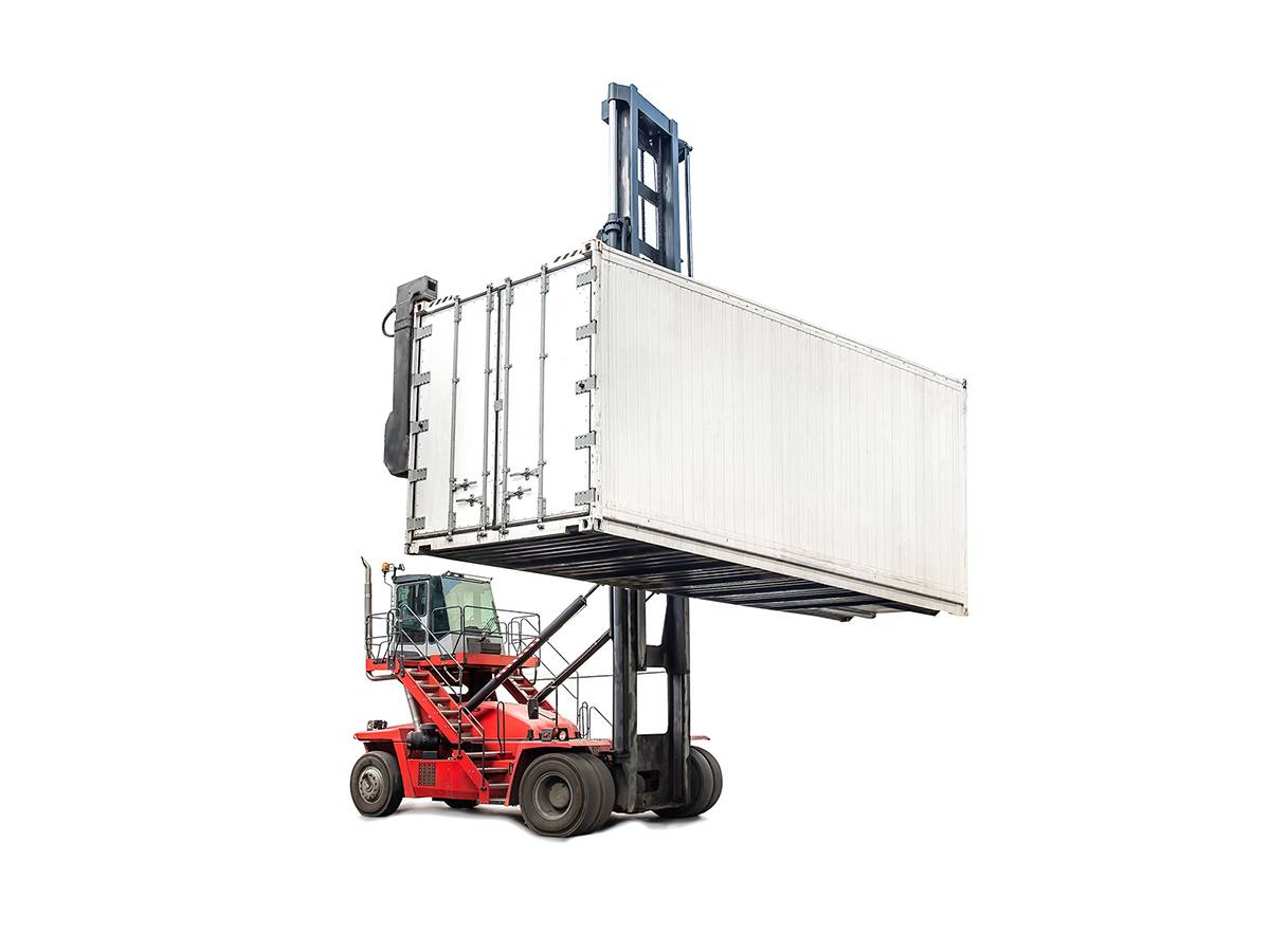 Large red forklift holding a white 20' container | Driveline Services Australia